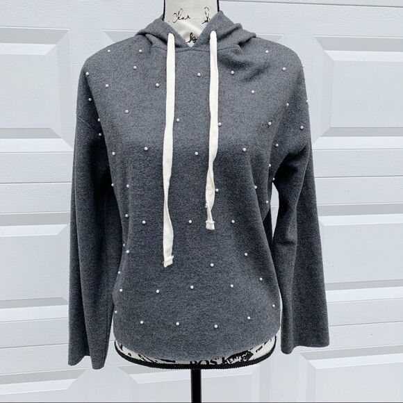 Zara pearl embellished pullover gray hoodie sweater jacket‎ size small - Picture 1 of 4